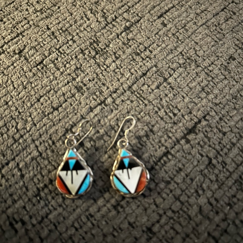 Geometric Silver Earrings with inlaid turquoise,once,mother of pearl